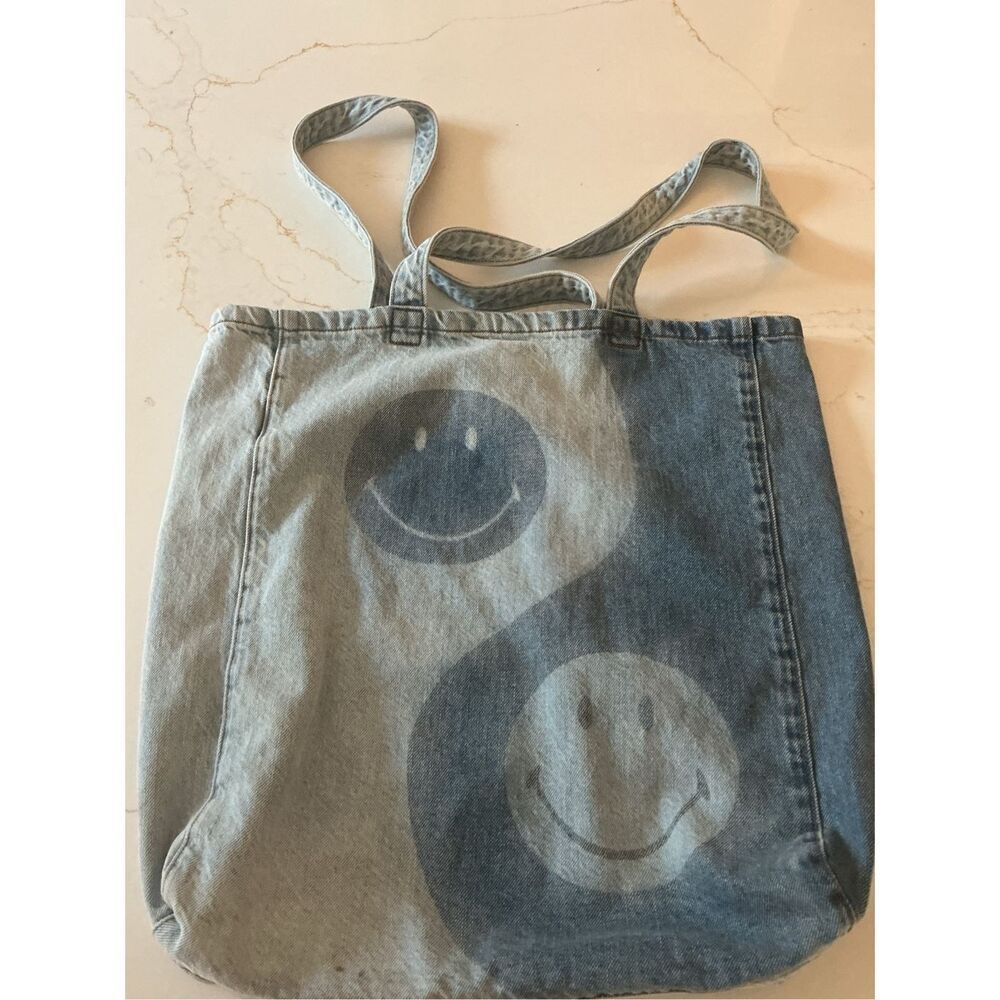 American Eagle Denim Tote Bag Two Tone Yin-Yang Design with Smiley Faces